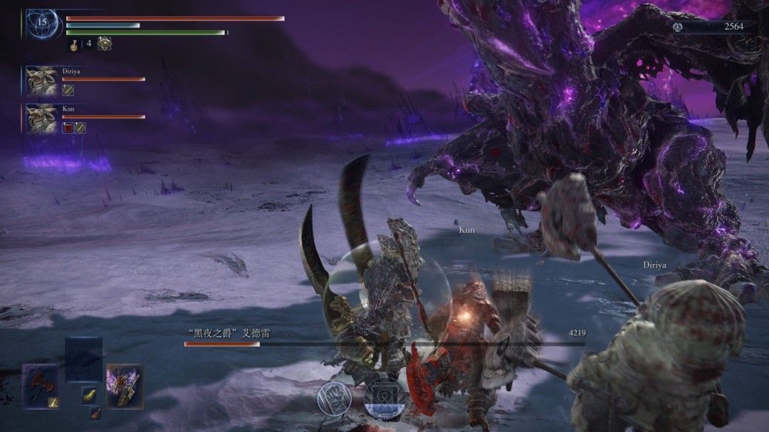 玩家角色在风暴席卷的雪原上喝下露滴，身体泛起红色护盾光芒，准备迎战巨颚