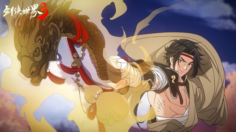 两名丐帮弟子分别演练伏虎拳式与降龙棍法，动作刚劲有力，周围尘土飞扬，充满力量感