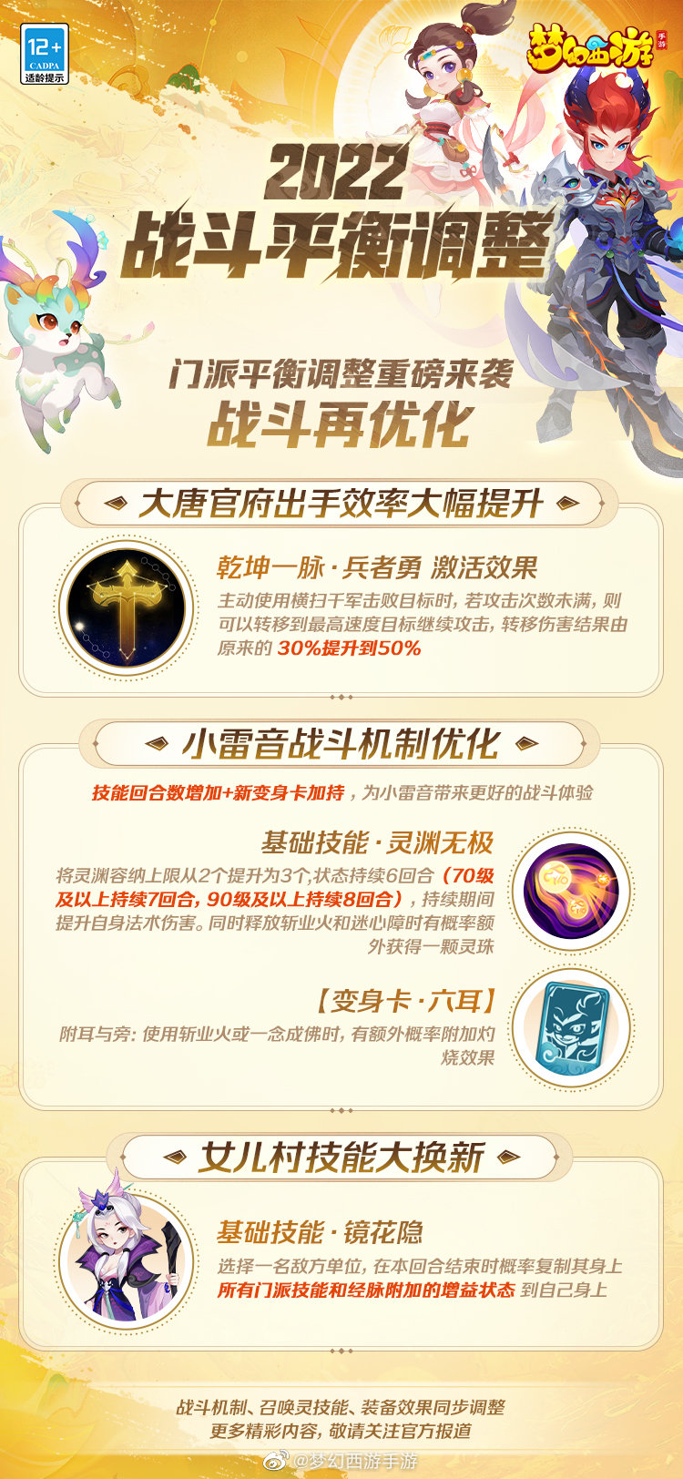 游戏内门派角色展示界面，大唐官府持枪冲锋，小雷音法阵闪烁，女儿村隐身施法