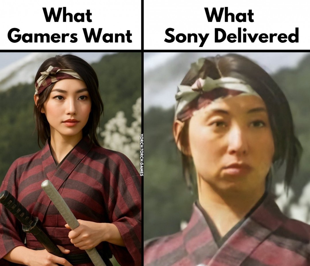 对比图左侧为理想中的日本古典美人形象，右侧为游戏中女主‘笃’的脸部特写