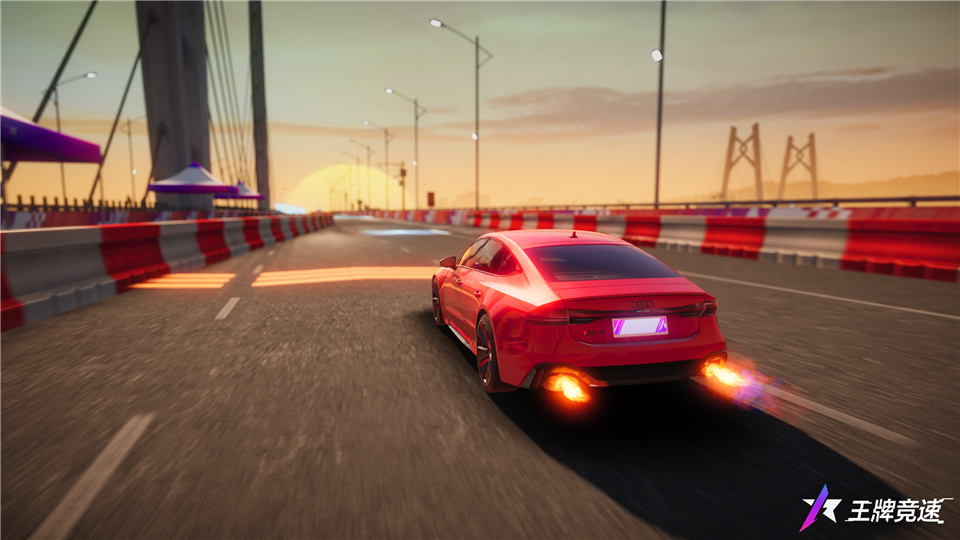 游戏中奥迪RS7 Sportback释放技能瞬间，车辆周身泛起蓝色能量光效，速度感拉满