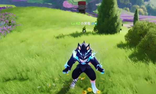 传送带交互界面特写：发光蓝色光带环绕草原，玩家角色站在起点处，头顶悬浮‘闪光概率+22%’浮动提示