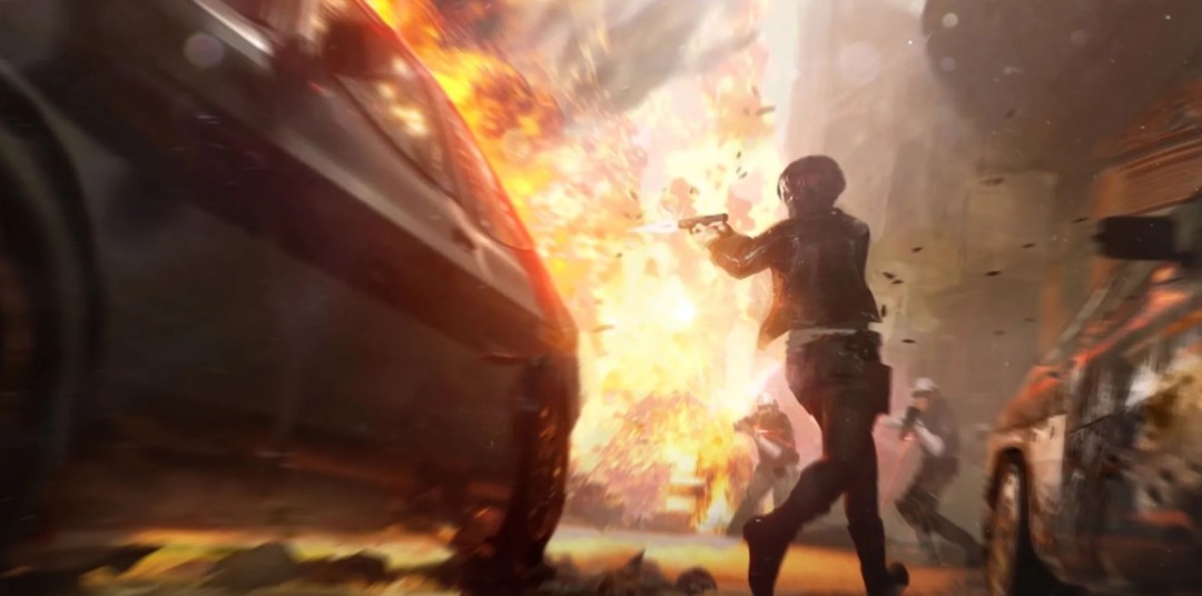 The Initiative工作室LOGO与《完美黑暗》经典角色妮可·吉尔伯特剪影并置的官方宣传图，背景为霓虹蓝紫调科幻都市夜景