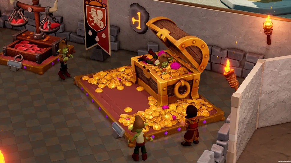 《双点博物馆》全新‘尖峰山脉’博物馆实景截图：一座建于陡峭冰隙悬崖之上的宏伟石构建筑，外观覆盖薄雪与岩棱，入口处悬浮着发光的馆长徽章，远景可见飘浮的冰晶与极光微光