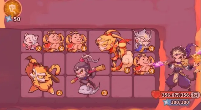 游戏内阵型布置界面特写，灵虚子位于中央格子，左右两侧分别为菩提祖师与通臂猿猴，箭头标注‘灵虚子辐射范围’覆盖全部物理英雄位置