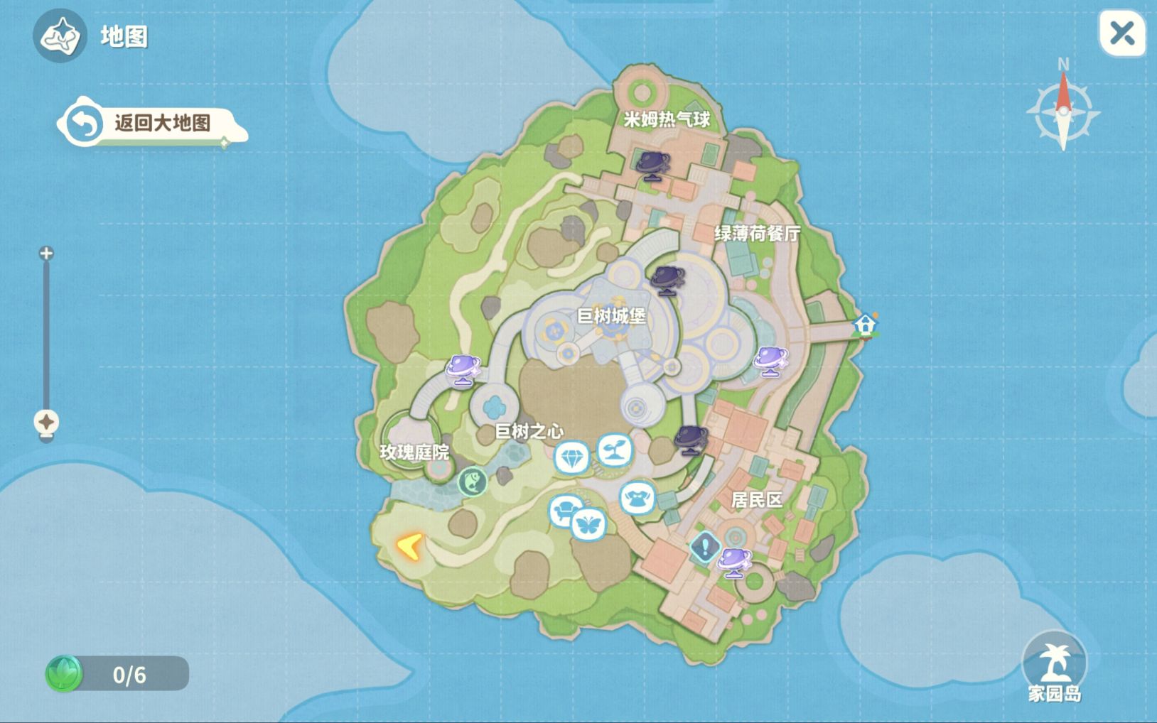 巨树岛云朵秋千场景，气泡位于右侧白色云朵造型秋千支架外延，与漂浮蒲公英形成三角构图