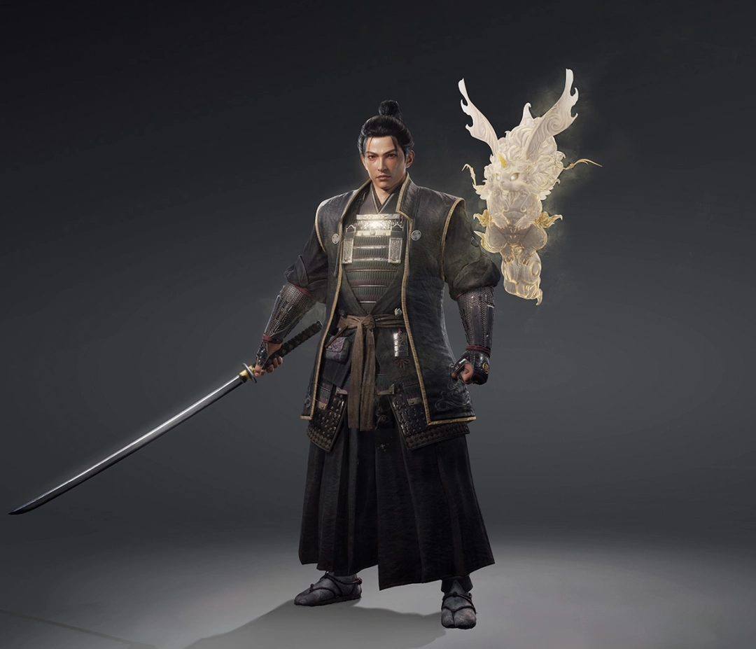 德川竹千代立绘特写：少年武士身着靛青纹甲，手持未出鞘胁差，背后浮现半透明青狼守护灵，背景为雾霭笼罩的江户城天守阁剪影