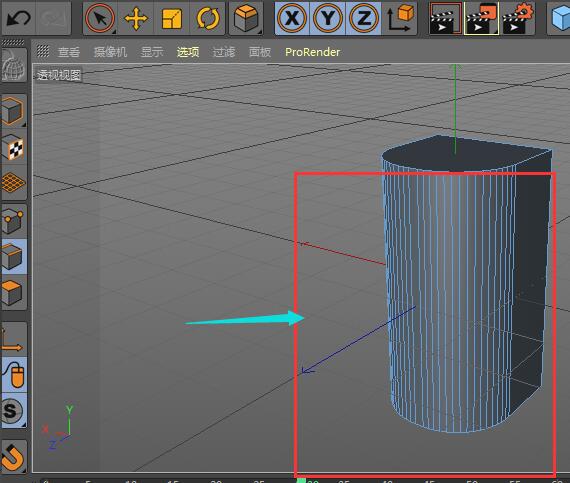 倒角操作进行中，鼠标正在视口空白处向右拖拽，预览线框随拖动实时扩展出圆润过渡区
