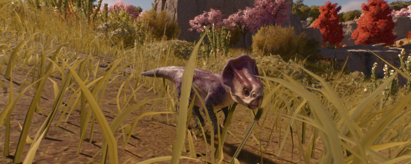 《侏罗纪世界：进化3》游戏内高清界面截图：中央为通体暗红带荧光条纹的暴虐霸王龙，背景是高科技基因实验室与全息DNA双螺旋投影，科技感与野性张力并存