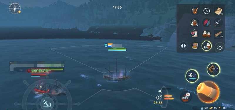 游戏实机画面：玩家旗舰正以斜角航线机动，长管加农炮火光喷射，远处一艘西班牙轻型护卫舰已脱离编队，尾迹划出明显追击弧线