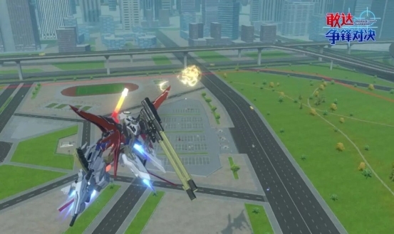 技能1释放特写：巨型磁轨炮从背部装备平台轰出，命中远处岩石障碍物引发环形爆炸火光与碎片飞溅