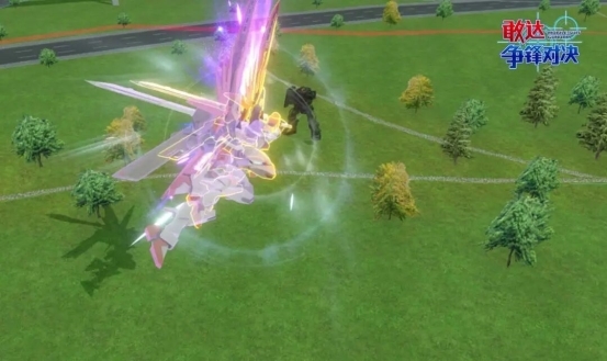 过人斩全过程：机体向后腾空跃起→滞空锁定→俯冲突进→光刃劈砍→敌人倒飞，全程带绿色锁定框与金色霸体光效