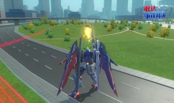 MS形态普通射击：电磁炮发射出一道粗壮蓝白色光束，命中目标后产生明显击退位移与火花特效