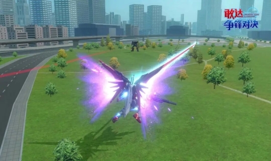 光束横扫攻击：机体旋转身体，左右手同步发射交叉光束，形成扇形杀伤区域，多名敌人被同时击飞