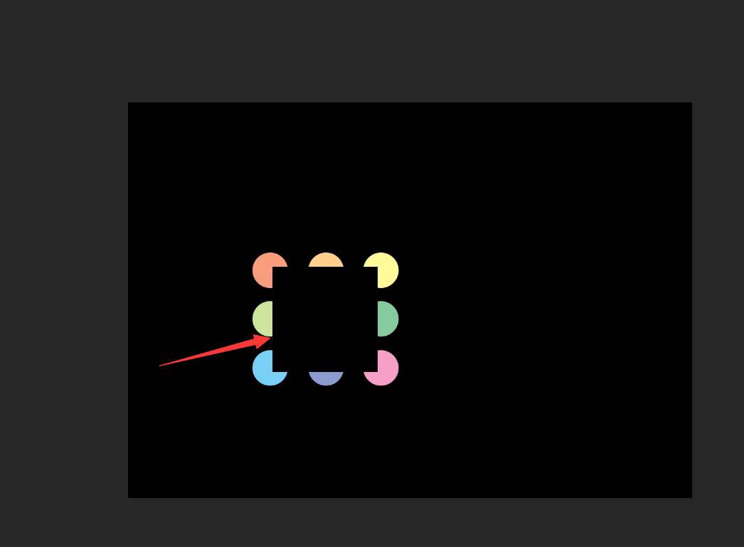 Photoshop图层面板特写：八个彩色圆形与中心黑矩形已全部选中，右键菜单中‘栅格化图层’选项高亮显示