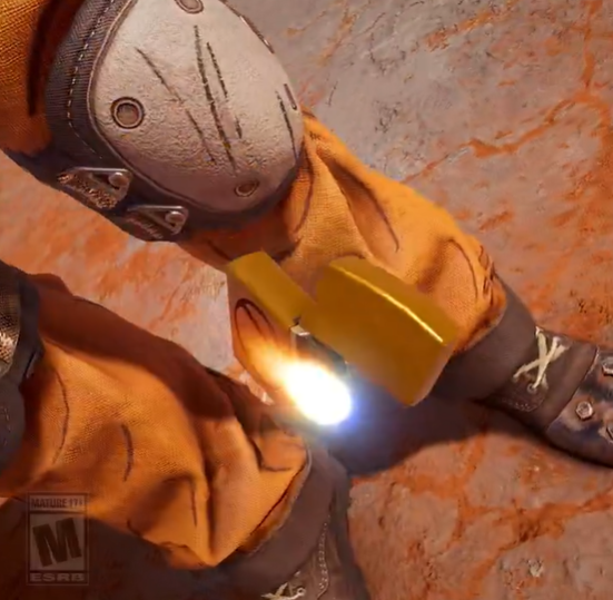 游戏内实机画面：R6干员在重制后的银行大厅中匍匐前进，地面倒映着窗外动态云层光影，远处墙壁可见新增的可破坏煤气阀门接口