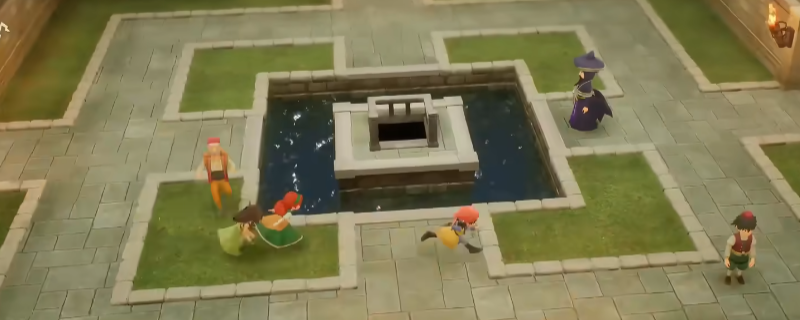 《勇者斗恶龙7：重制版》现代大神殿内部场景，宏伟哥特式穹顶下，中央石阵泛着微光，五块呈十字排列的地砖亮起淡金色轮廓，暗示‘十字步履’触发位置