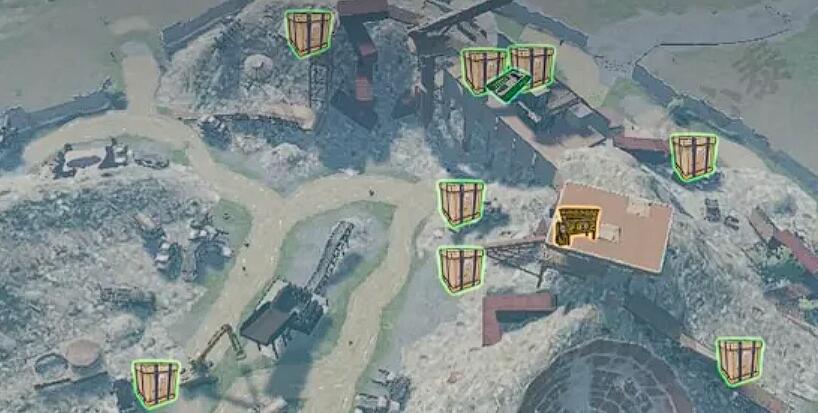 工业废料区作业现场：巨大起重机悬臂下堆放银色钛板，右侧工作台环绕四只同款加密箱，中轴线地面嵌有发光战术装备图标