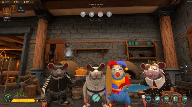 游戏实机画面：主角老鼠跃起投掷烤鸡，食物在空中划出抛物线，三名兽人顾客张大嘴巴等待接住，背景墙壁绘有中世纪风格壁画与滴血肉钩